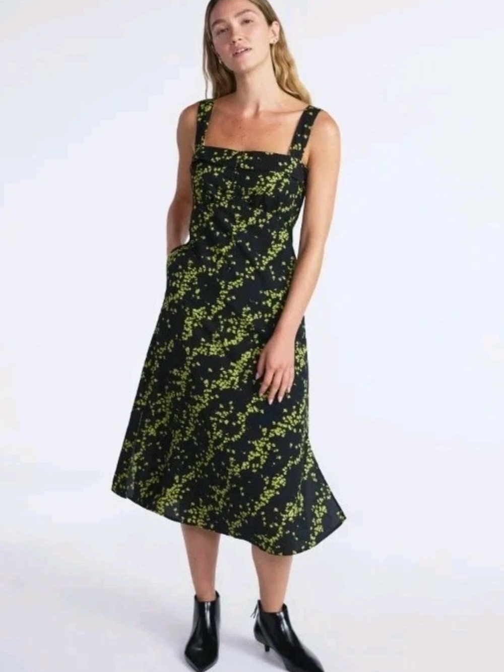 Scoop Square-Neck Black Midi Dress with Yellow Floral Print